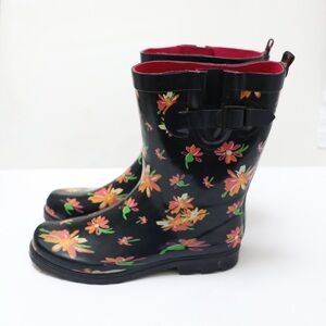 Capelli New York Rain Boots Ladies Shiny Lined Cozy Rubber Floral Print Size 10